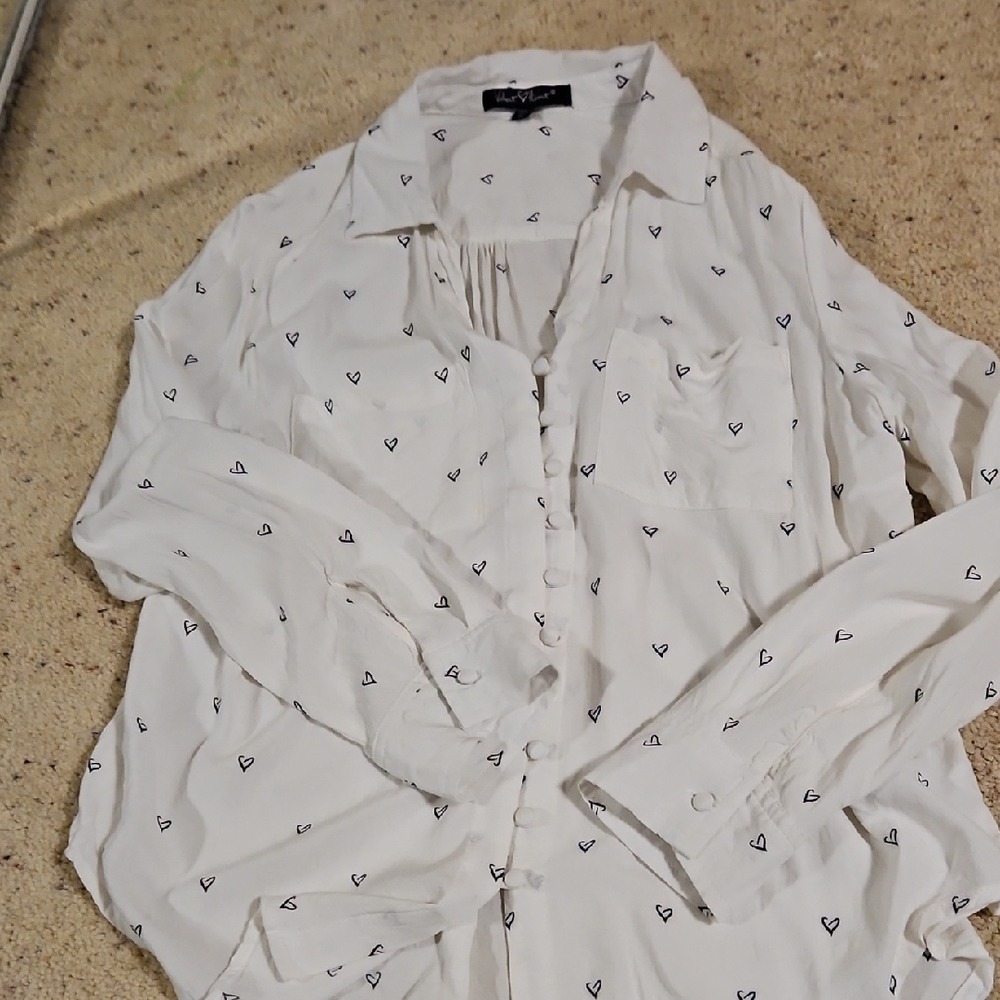 Velvet Heart White Button Down Shirt with Black Heart Print
